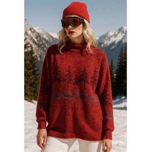 Vintage 90s Mock Neck Sweater S Red Screen Print Pine Tree Retro Apline Granola